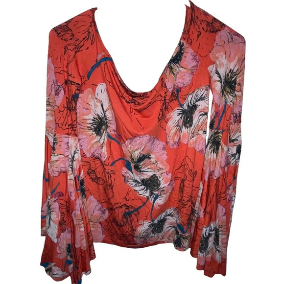 We The Free Orange Floral Top Butterfly Bell Sleeve Birds of Paradise Size Small - Picture 2 of 6